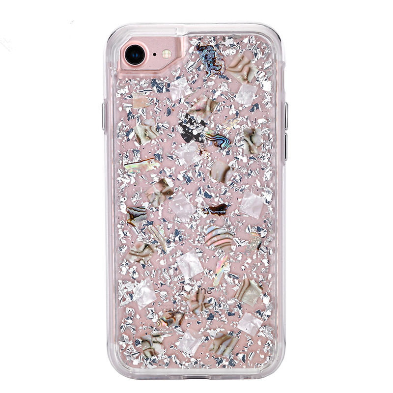 iPhone 8 / 7 / 6S / 6 Luxury Glitter Dried Natural FLOWER Petal Clear Hybrid Case (Silver Pearl)